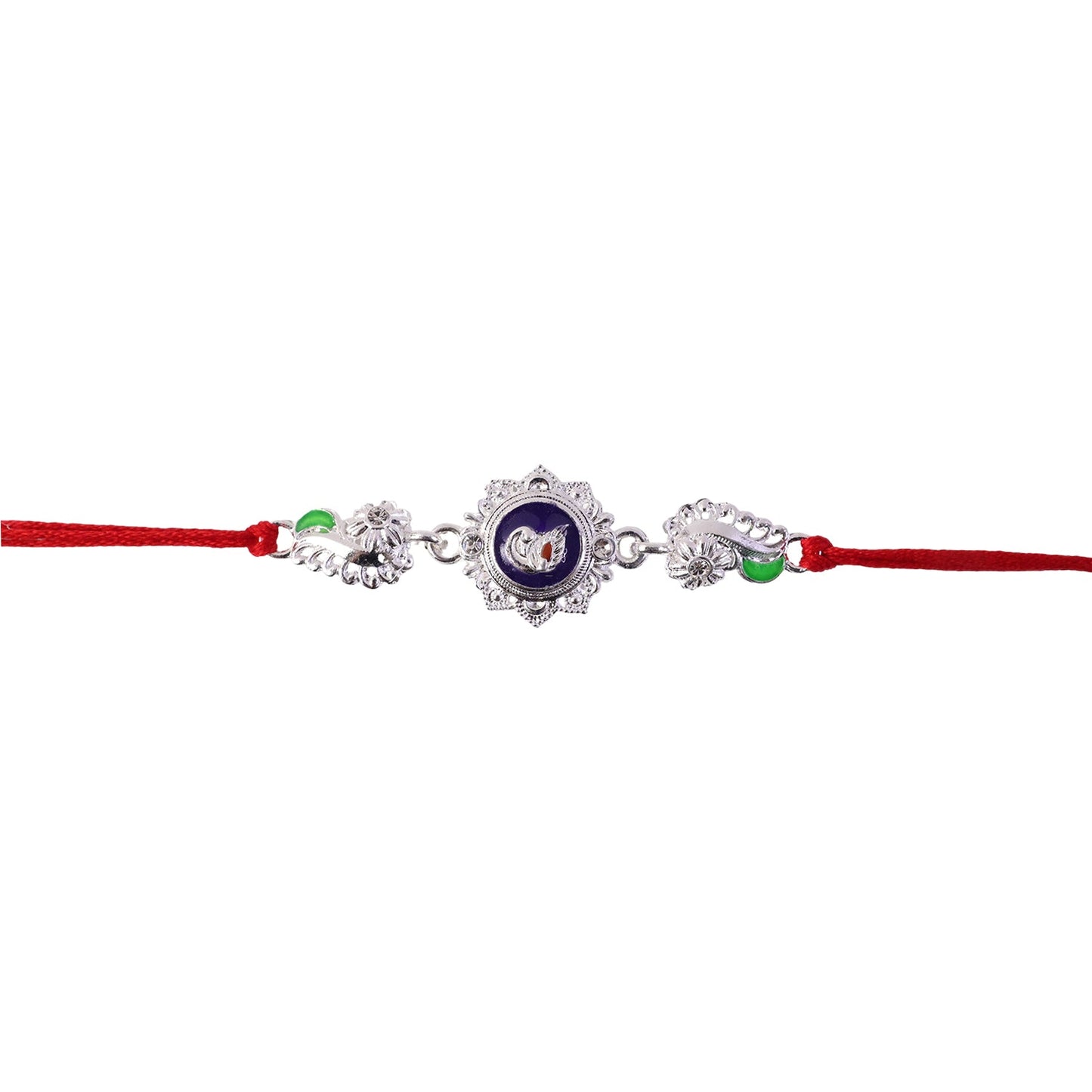 Festive silver charm rakhi with red thread