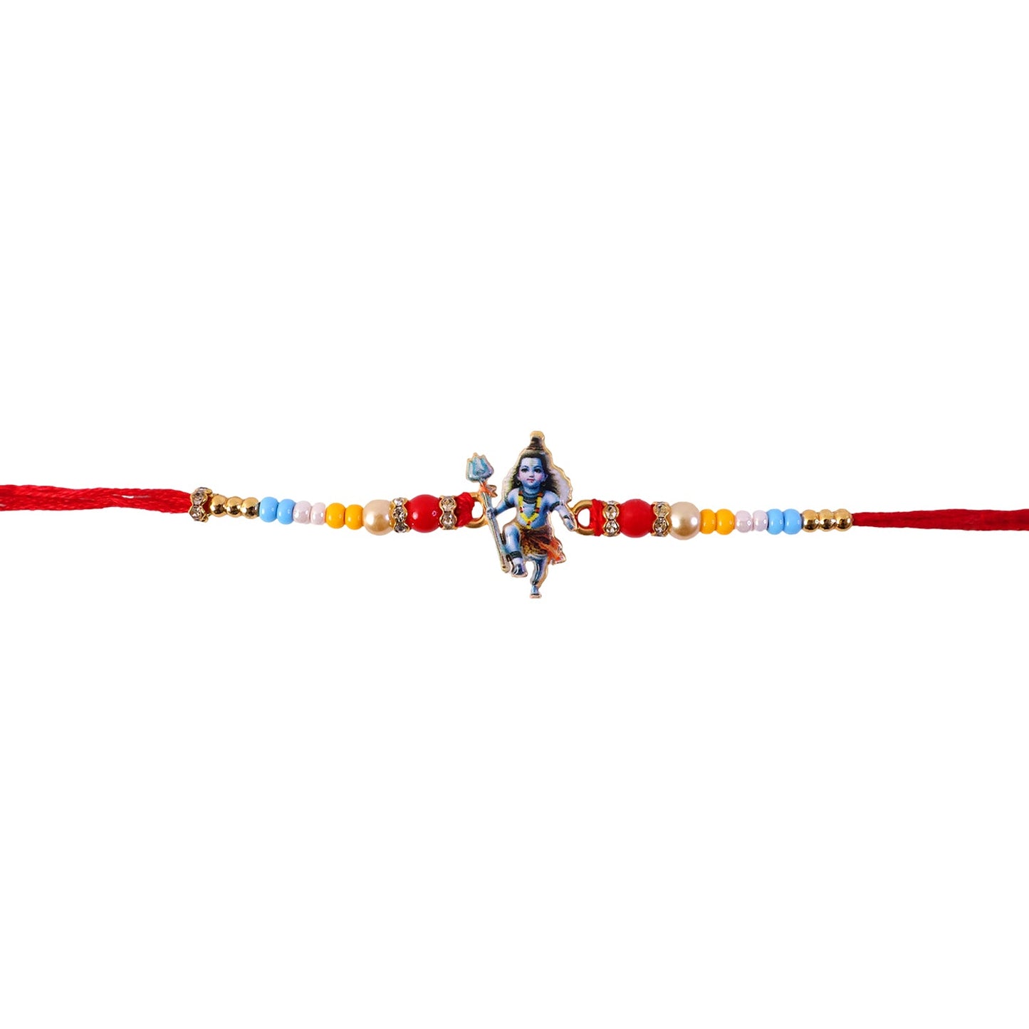 Festive Mahadev idol charm rakhi displayed on white background