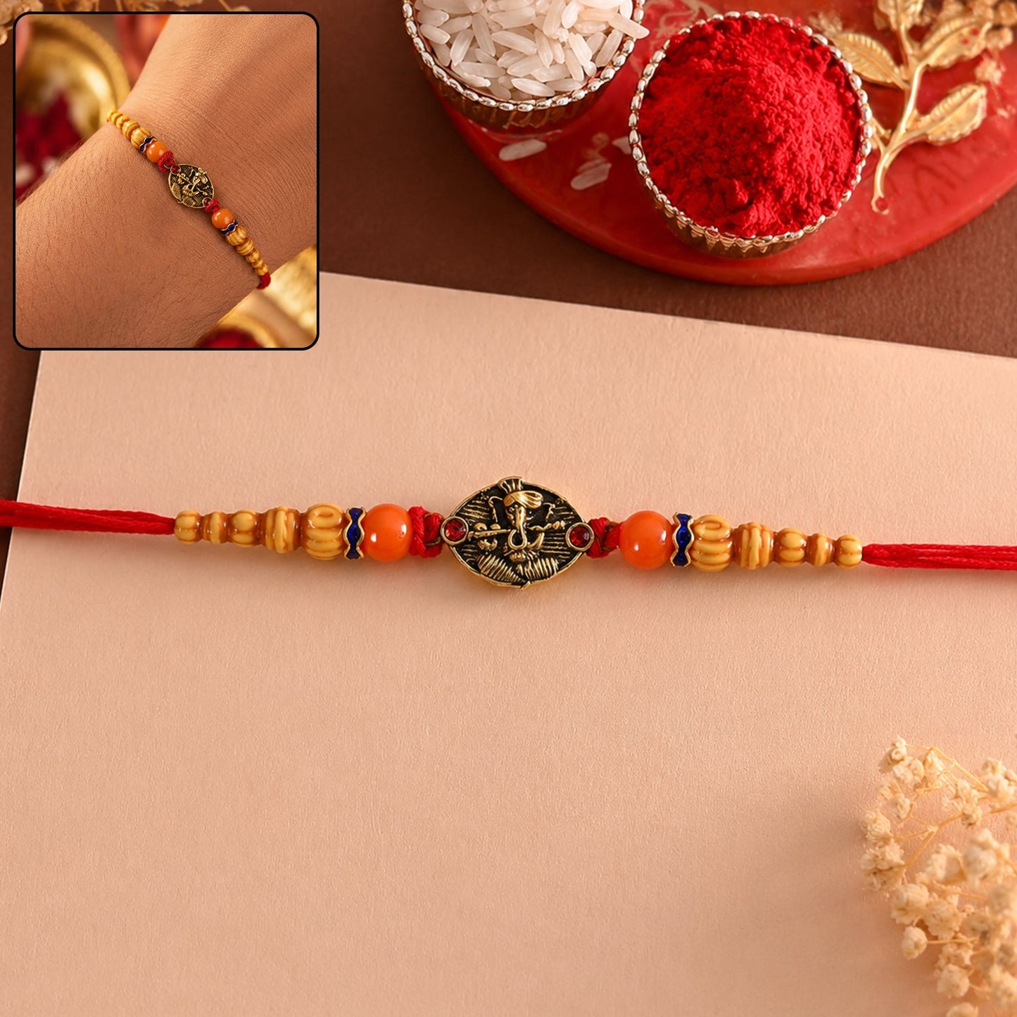 Antique Divine Charm Wooden Beads Rakhi - front view