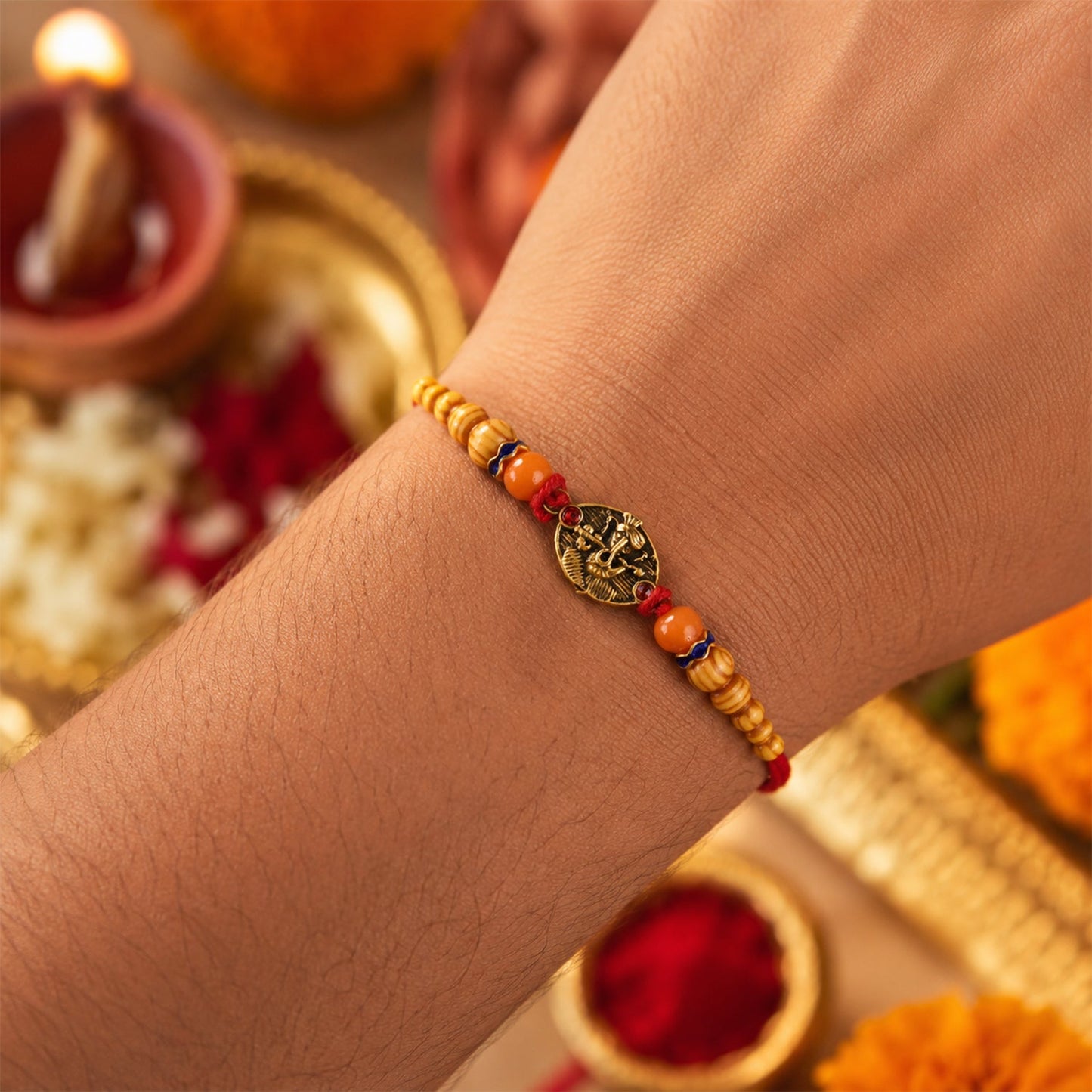 Designer rakhi with wooden beads and divine charm