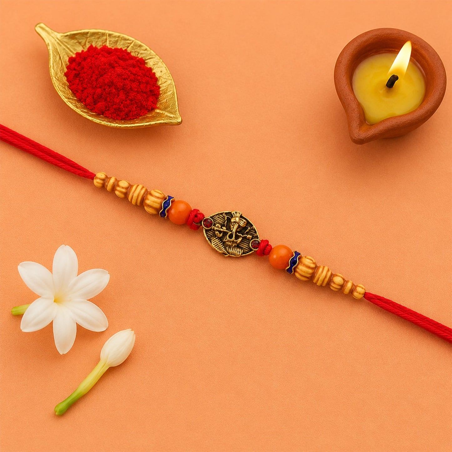 Close-up of rakhi wooden beads and charm details
