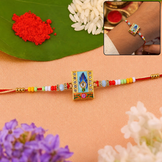 Mor Pankh Square Kundan Charm Beads Rakhi close-up on white background