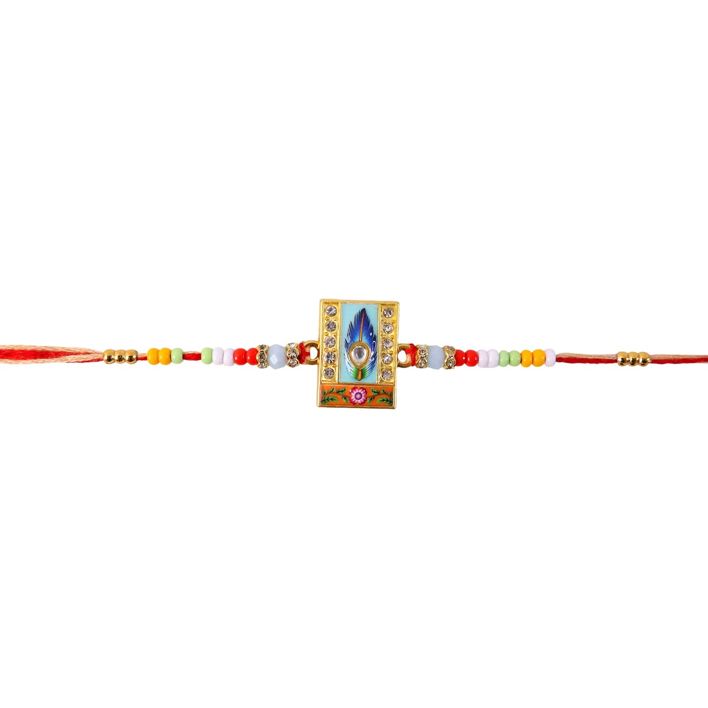 Top view of Mor Pankh Square Kundan Beads Rakhi design