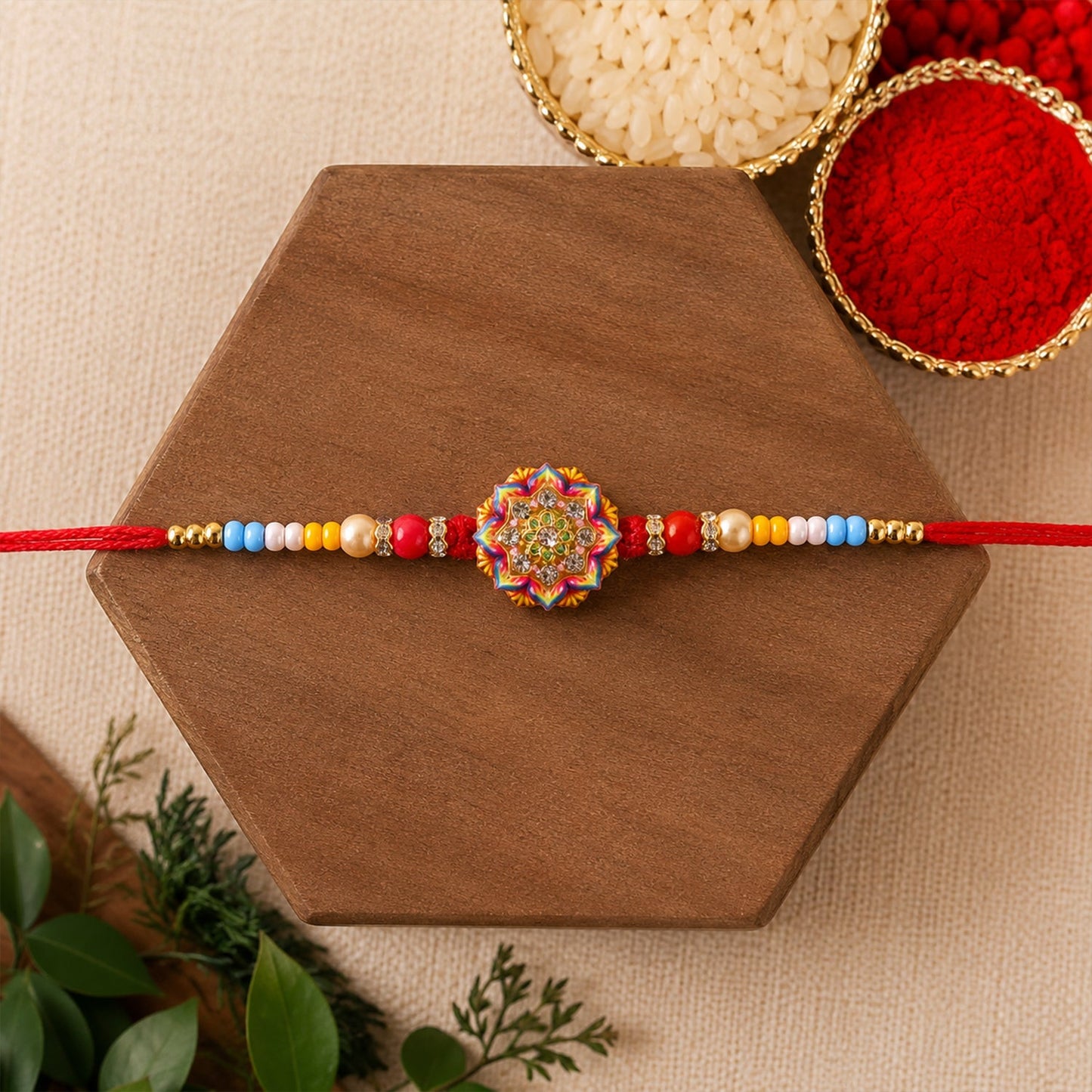 Side view of elegant Rangoli Mandala stone charm rakhi