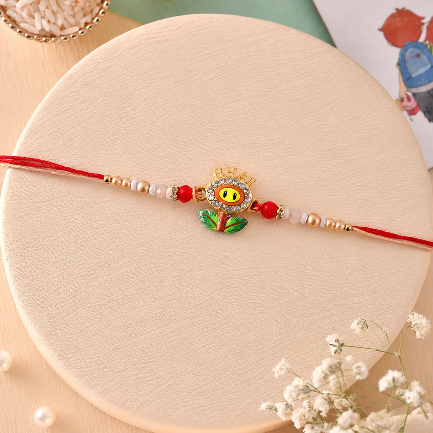 Top view showcasing BHAI Smiley Flower Charm and beads