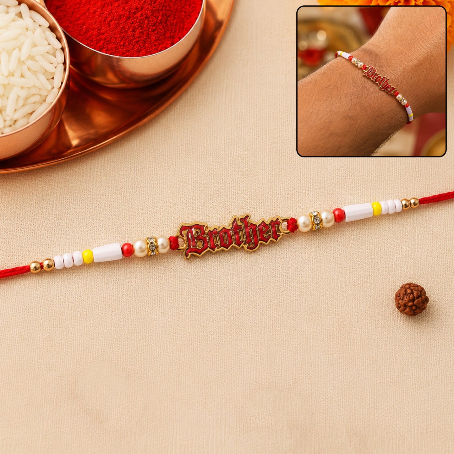 Brother Text Charm Pearl Beads Rakhi - Front View