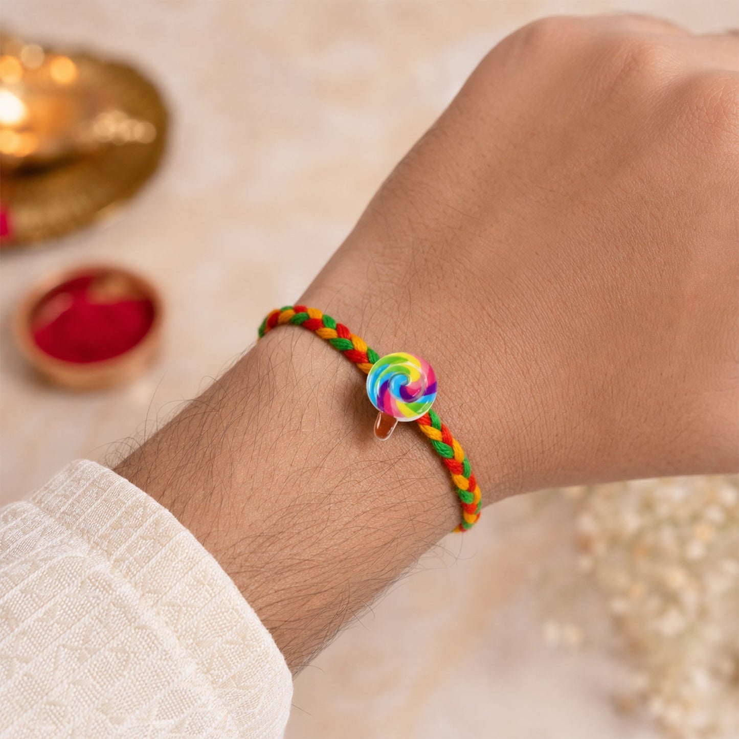 Cute Candy Charm Braided Thread Rakhi for Brother (1 Pc)