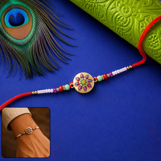 Golden Round Star Flower Meena Charm With Beads Rakhi for Brother (1 Pc)