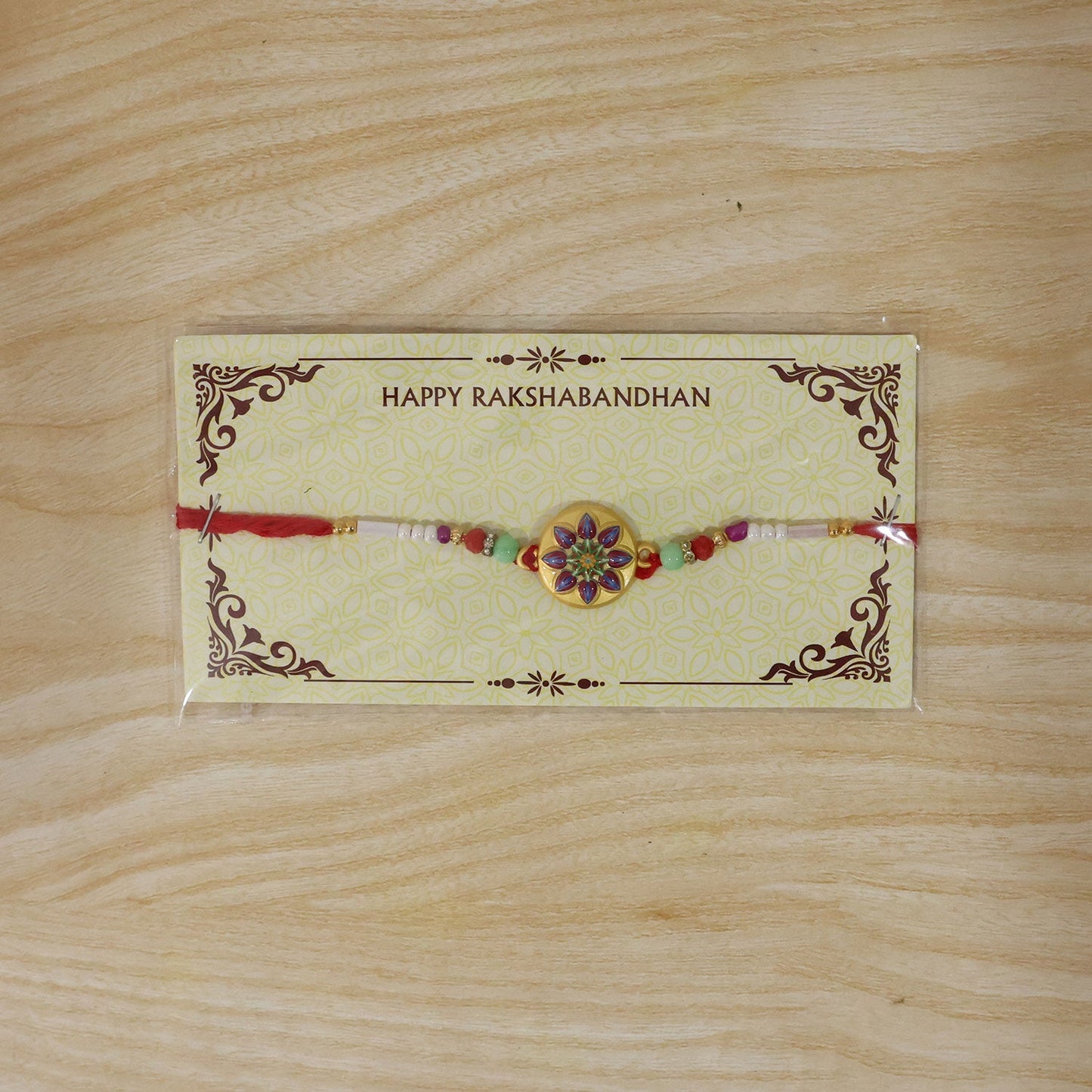 Golden Round Star Flower Meena Charm With Beads Rakhi for Brother (1 Pc)