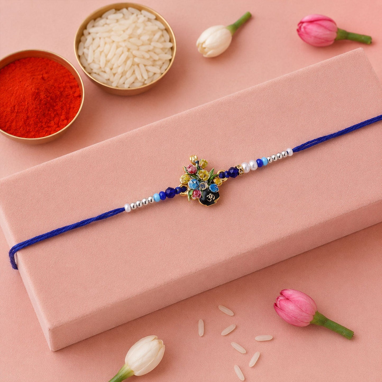 Om Flower Bouquet Meena Charm With Beads Rakhi for Brother (1 Pc)