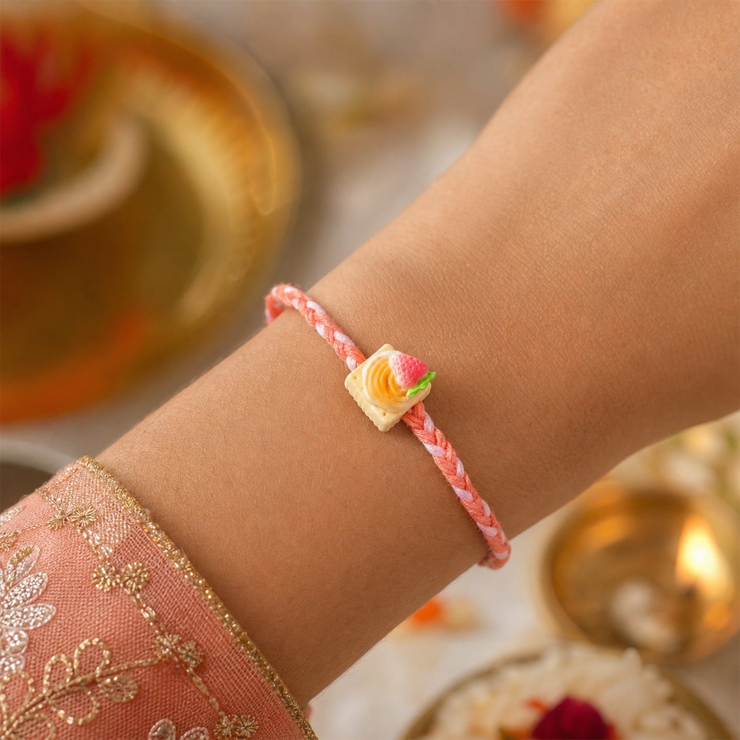 Cute Strawberry Biscuit Charm Braided Thread Kids Rakhi for Brother (1 Pc)