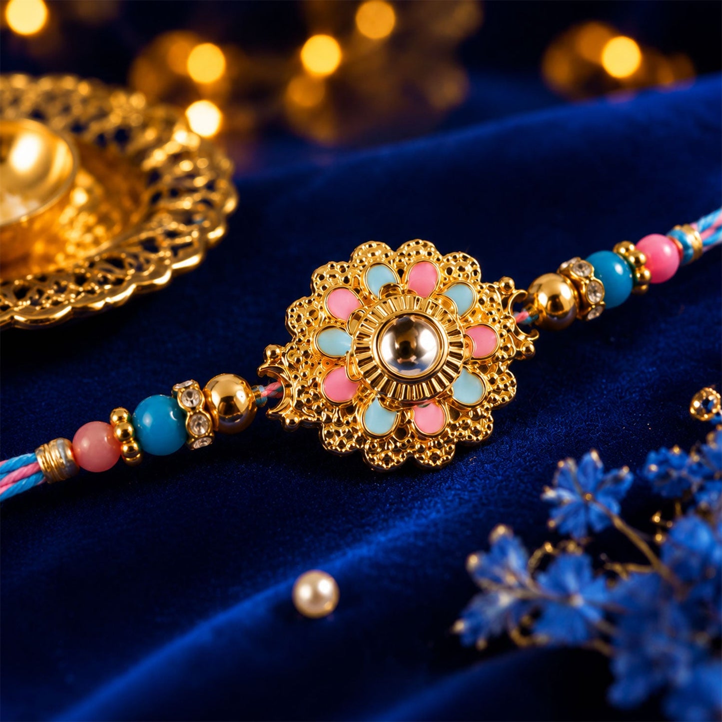 Designer Floral Kundan Charm With Beads Rakhi for Brother (1 Pc)