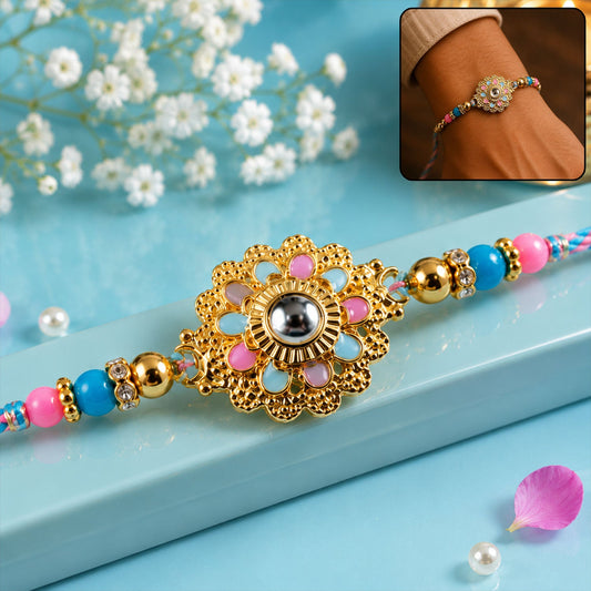 Designer Floral Kundan Charm With Beads Rakhi for Brother (1 Pc)