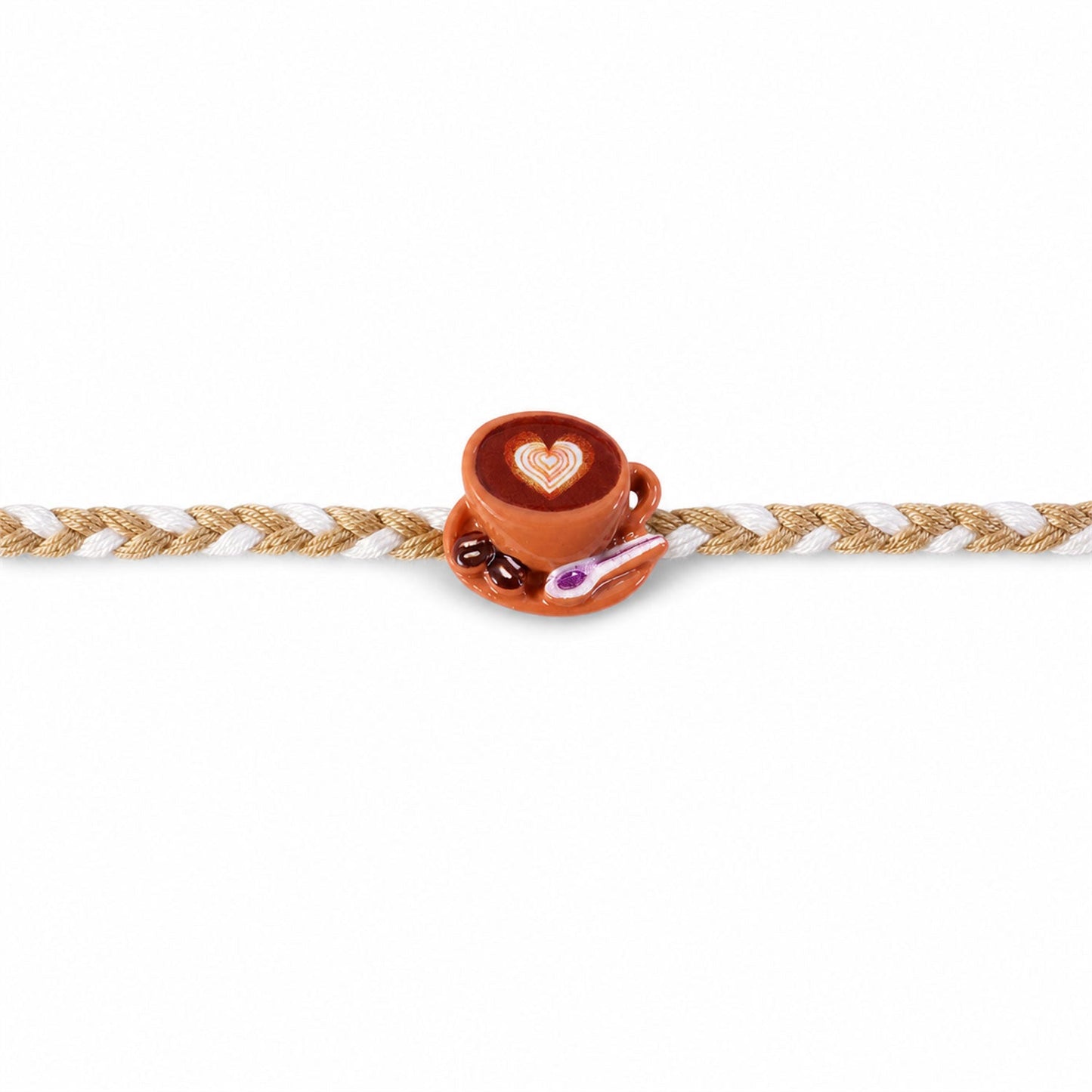 Top view of coffee cup heart charm rakhi with braided thread