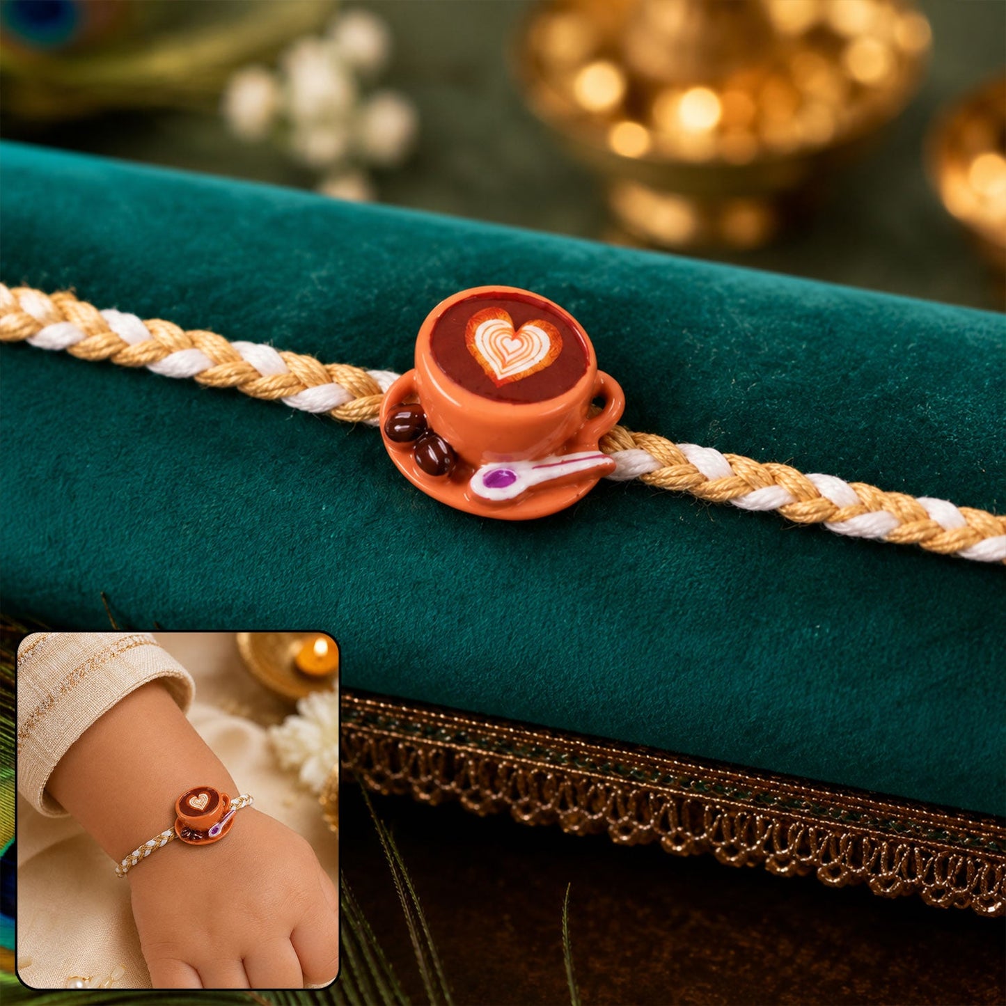 Coffee cup heart charm braided thread rakhi closeup