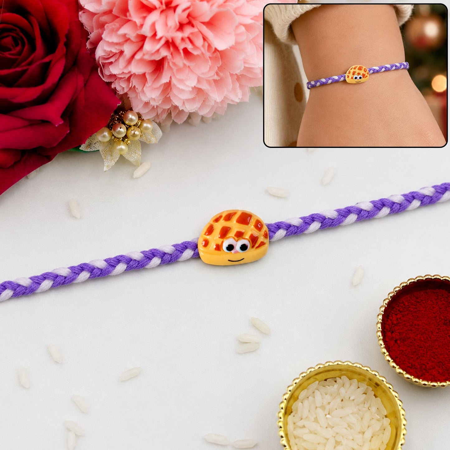 Smiley Waffle Charm Braided Thread Rakhi front view