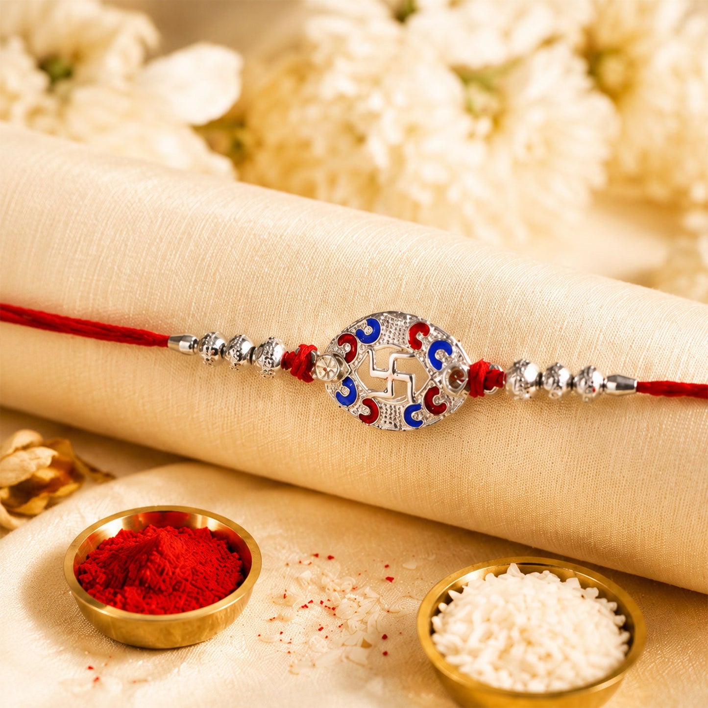 Front close-up of Silver Swastik Oval Meena Charm Rakhi