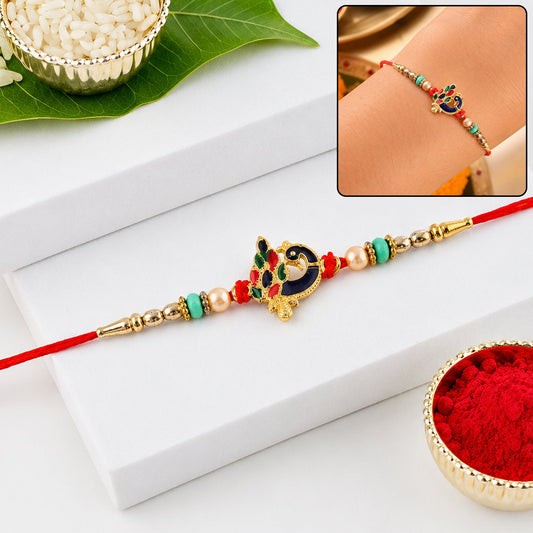 Meenakari Peacock Charm with Beads Rakhi for Brother, front view