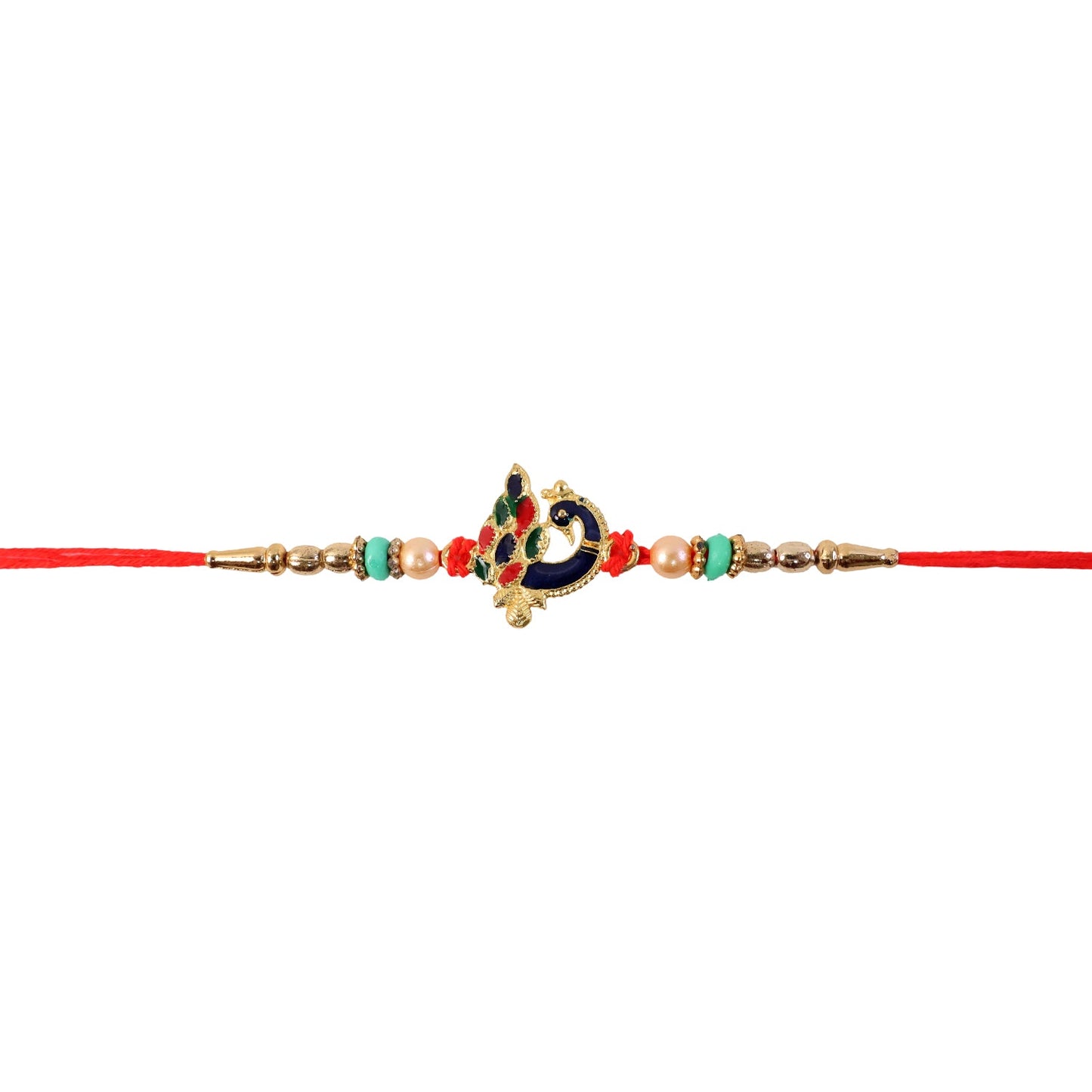 Meenakari Peacock Charm Rakhi tied on wrist
