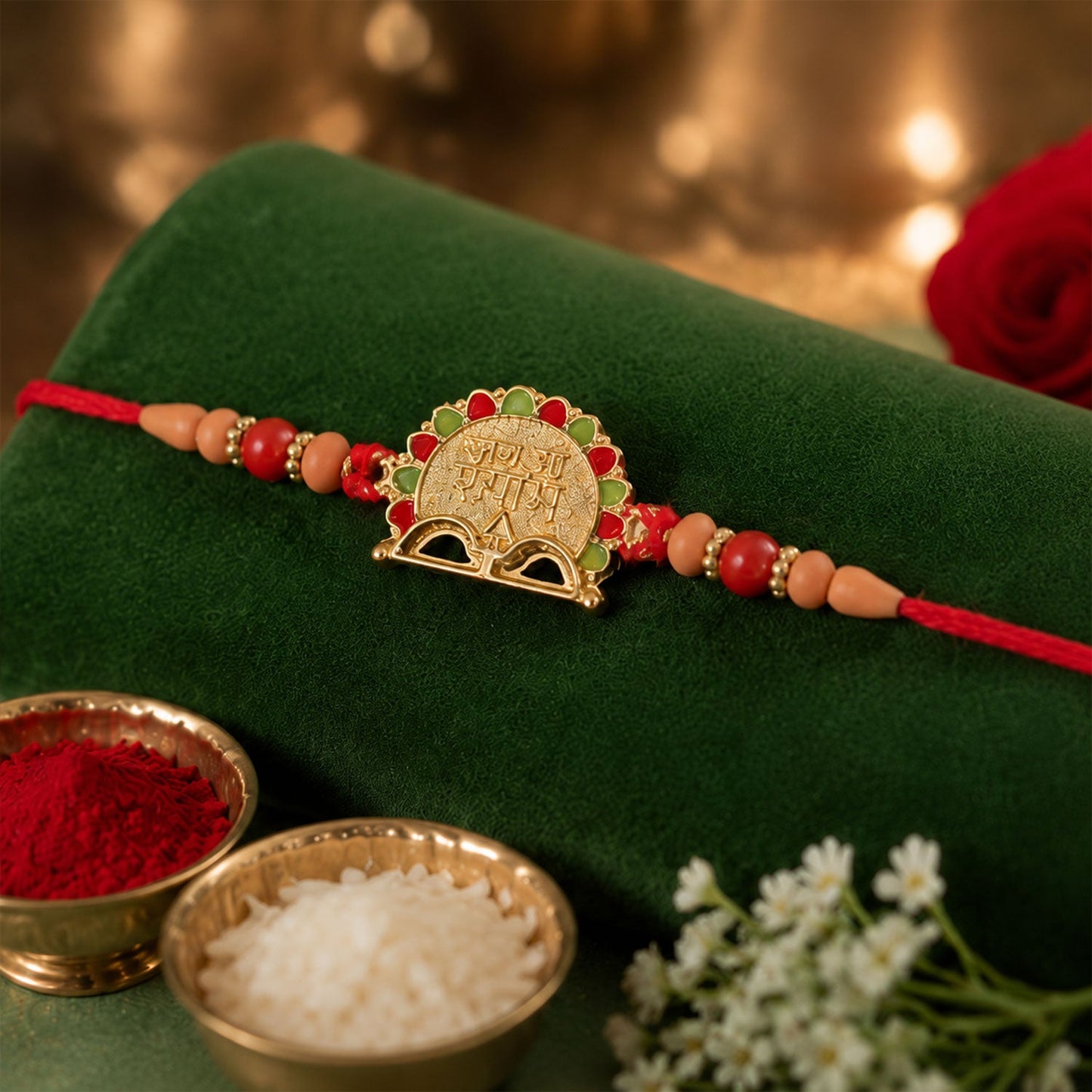 Jai Shree Shyam rakhi displaying coin charm and beads