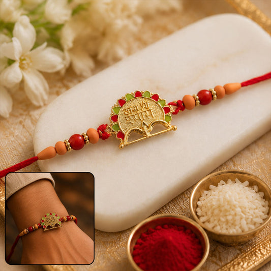 Jai Shree Shyam coin charm rakhi with beads close-up