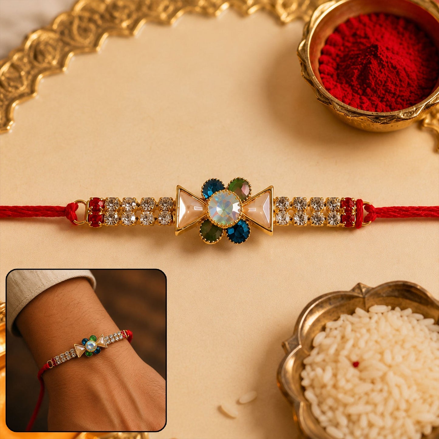 Crystal Stone Flower Bracelet Style Rakhi for Brother (1 Pc)