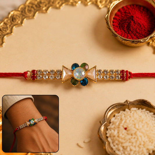 Crystal Stone Flower Bracelet Style Rakhi front view