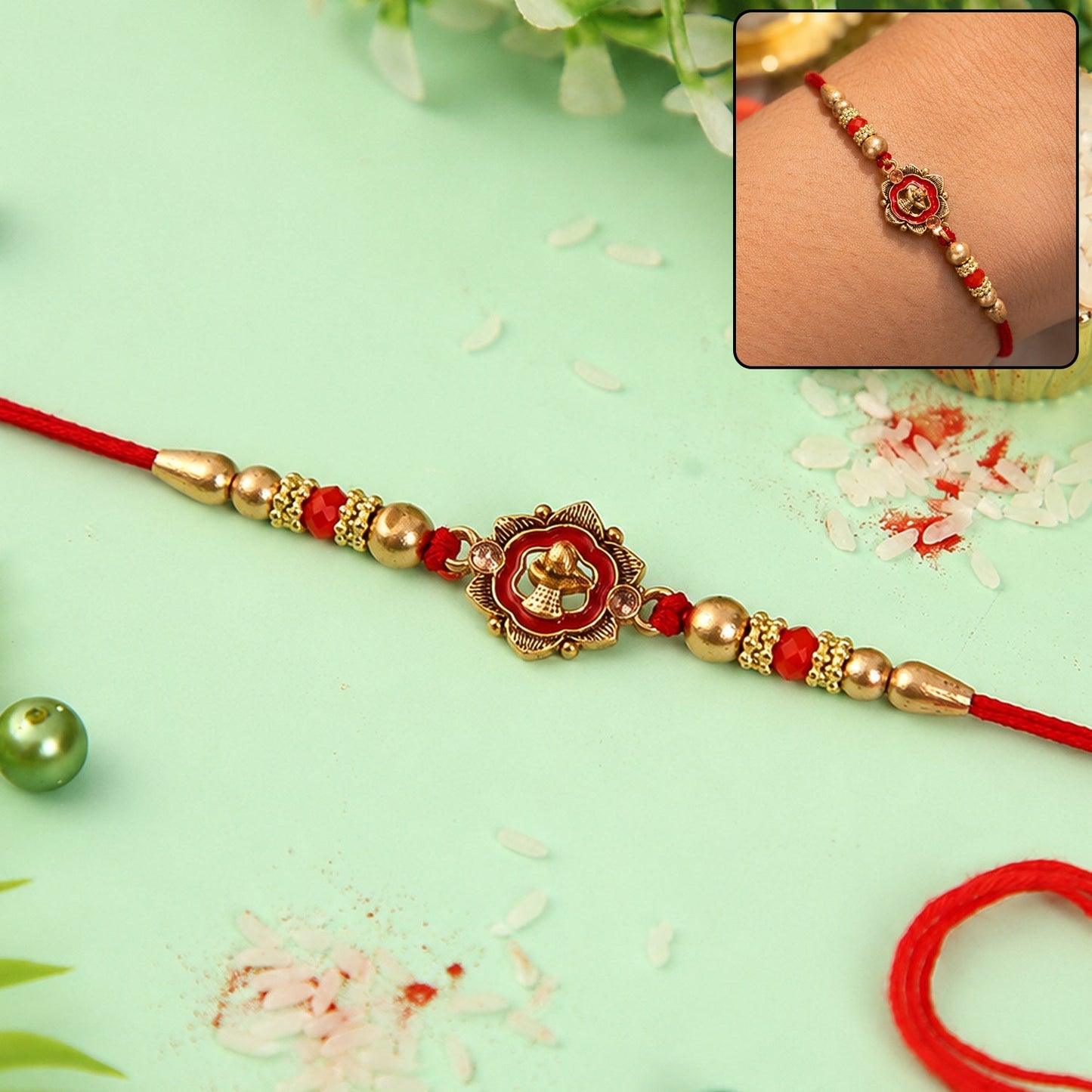 Antique Shivling Floral Charm Rakhi with beads close-up