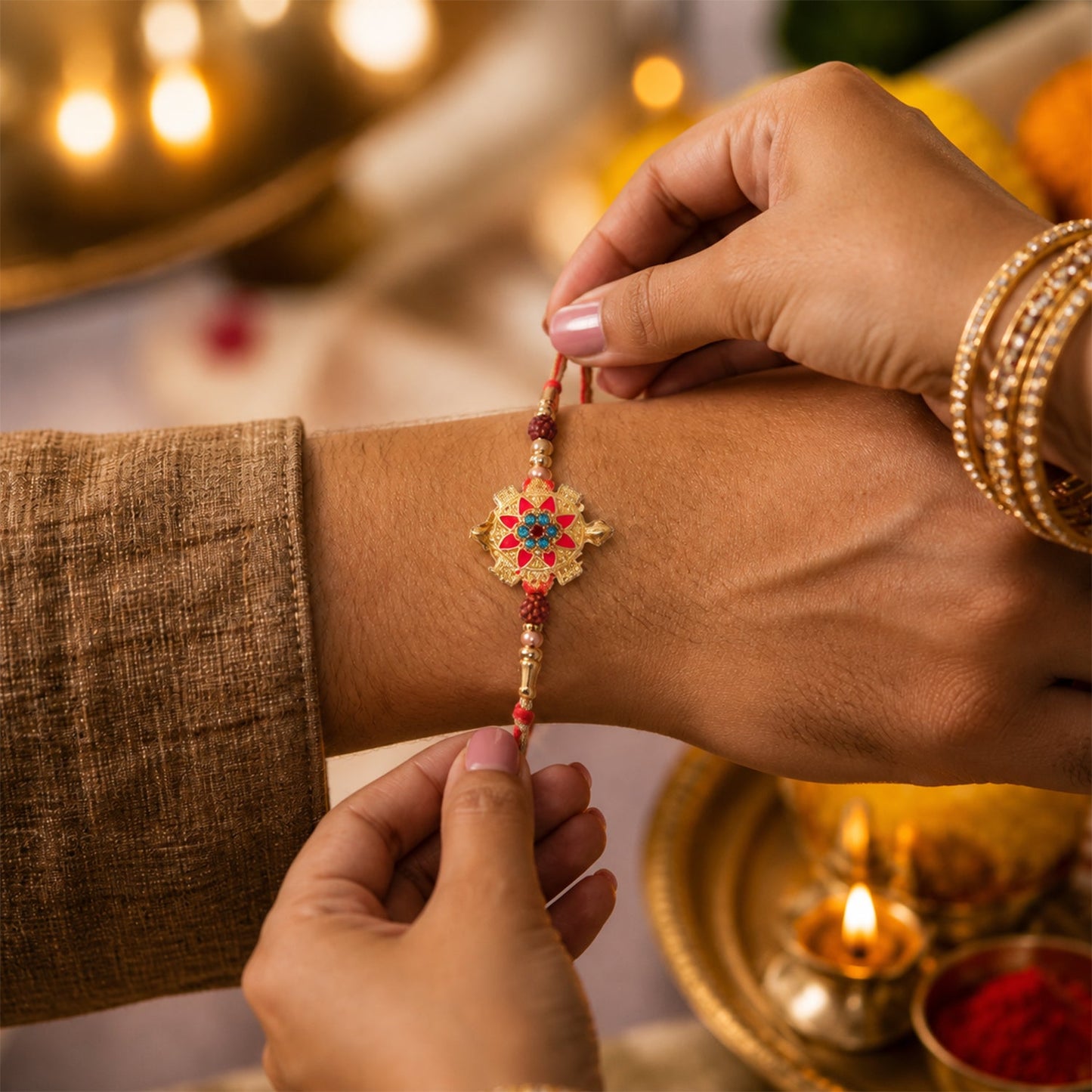 Top view of Tortoise Flower Stone Rudraksha Beads Rakhi