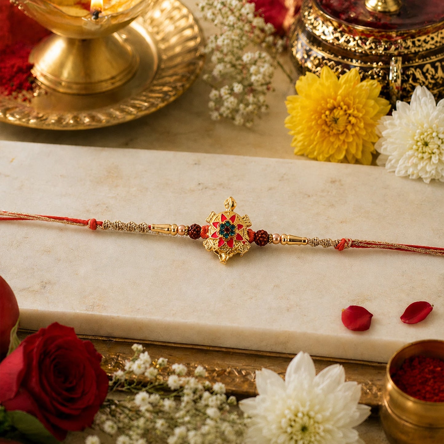 Designer rakhi showcasing tortoise flower stone and Rudraksha beads
