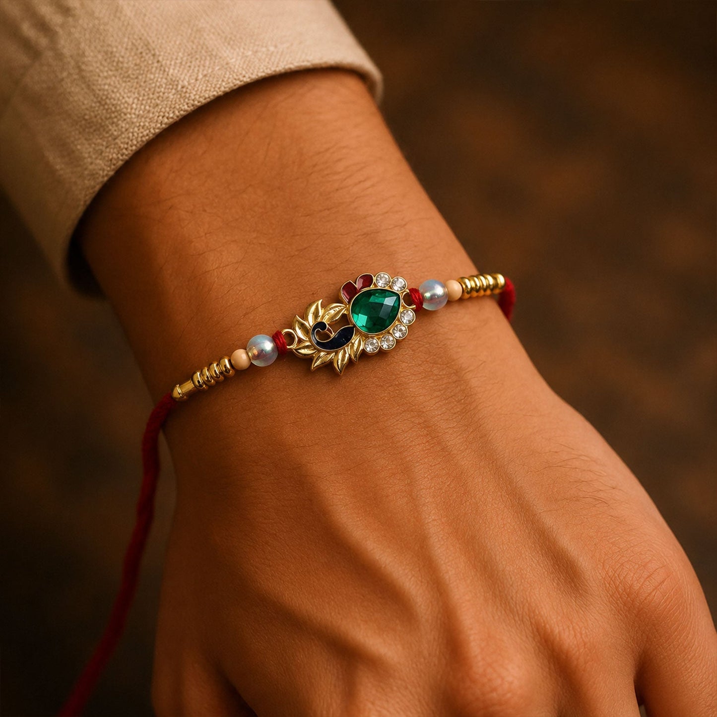 Close-up of peacock emerald stone and pearl beads on Rakhi