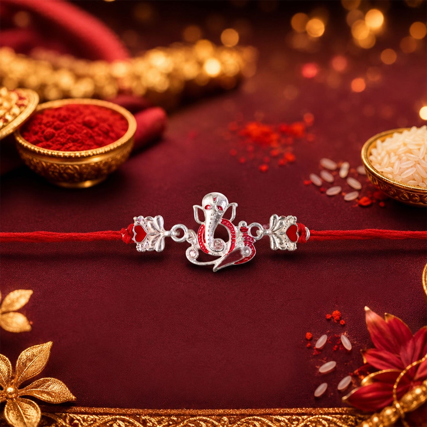 Silver Ganpati Heart Charm rakhi tied on wrist