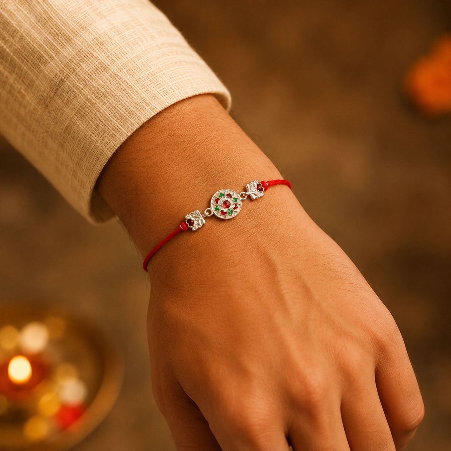 Designer Silver Floral Stone Rakhi with Dori Detail