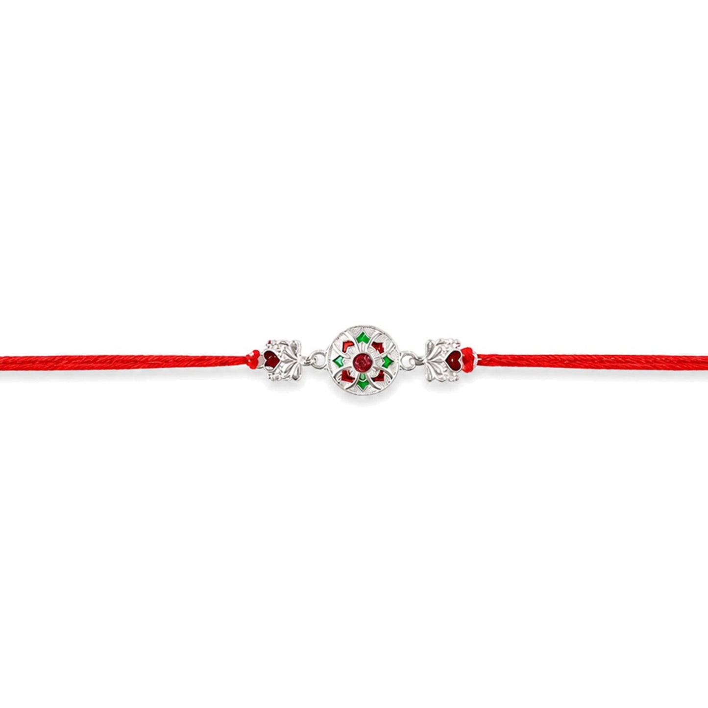 Silver Floral Stone Charm Rakhi with Dori Side View