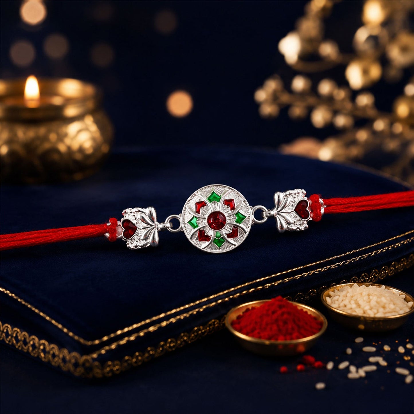 Silver Floral Stone Charm Rakhi with Dori for Brother Close-up View