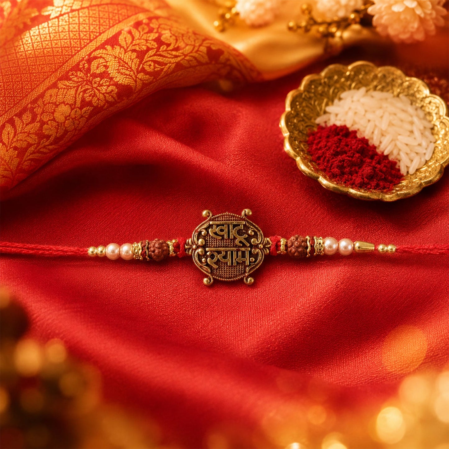 Top view of Khatu Shyam Antique Charm Rakhi with Rudraksha beads