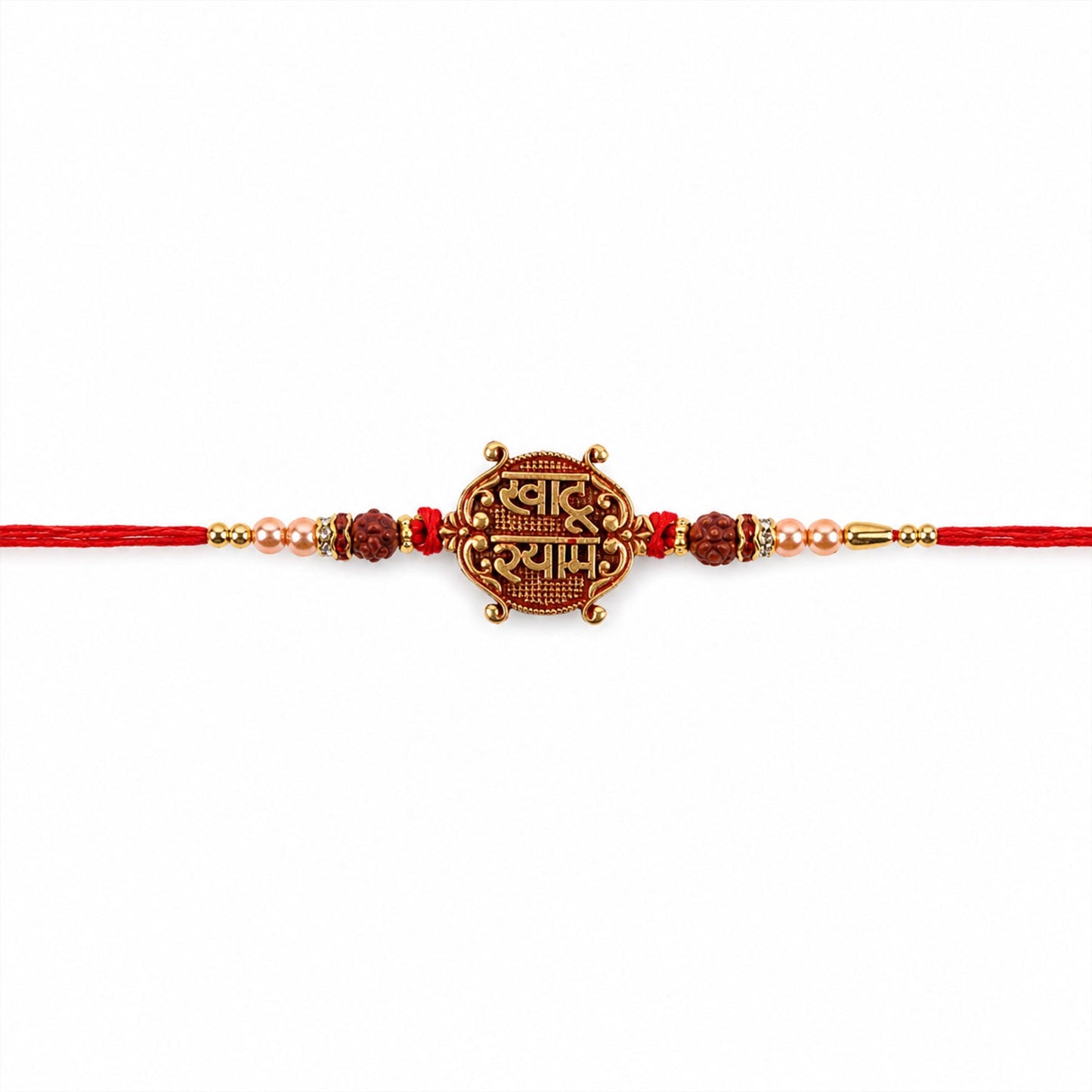 Side angle of Khatu Shyam Antique Charm Rakhi with Rudraksha beads