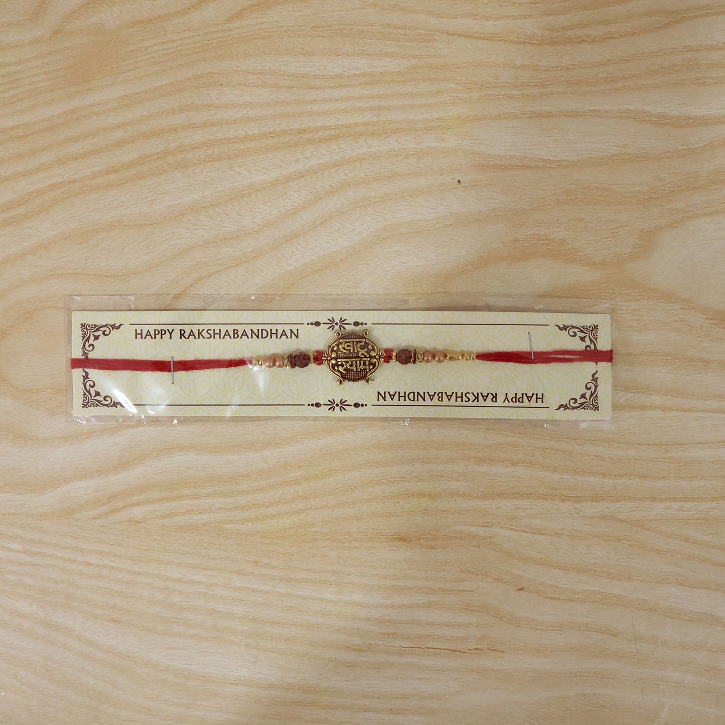 Khatu Shyam Rakhi with Rudraksha beads showcasing intricate design