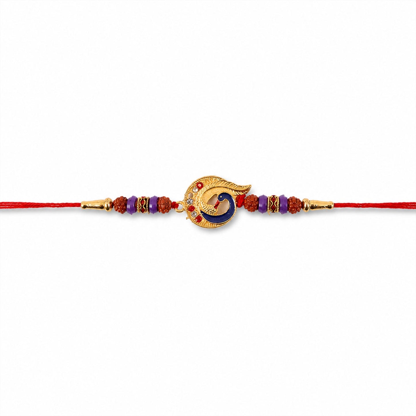 Rakhi tied with thread showing golden charm beads