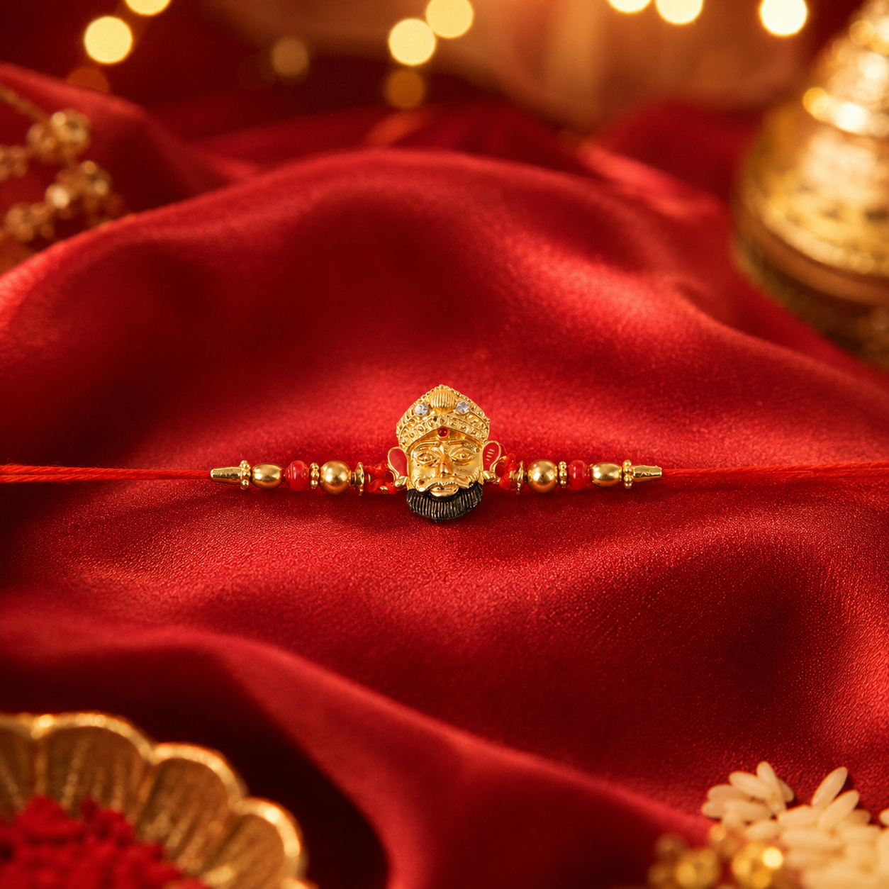 Golden Divine Face Charm Rakhi side view showing design details