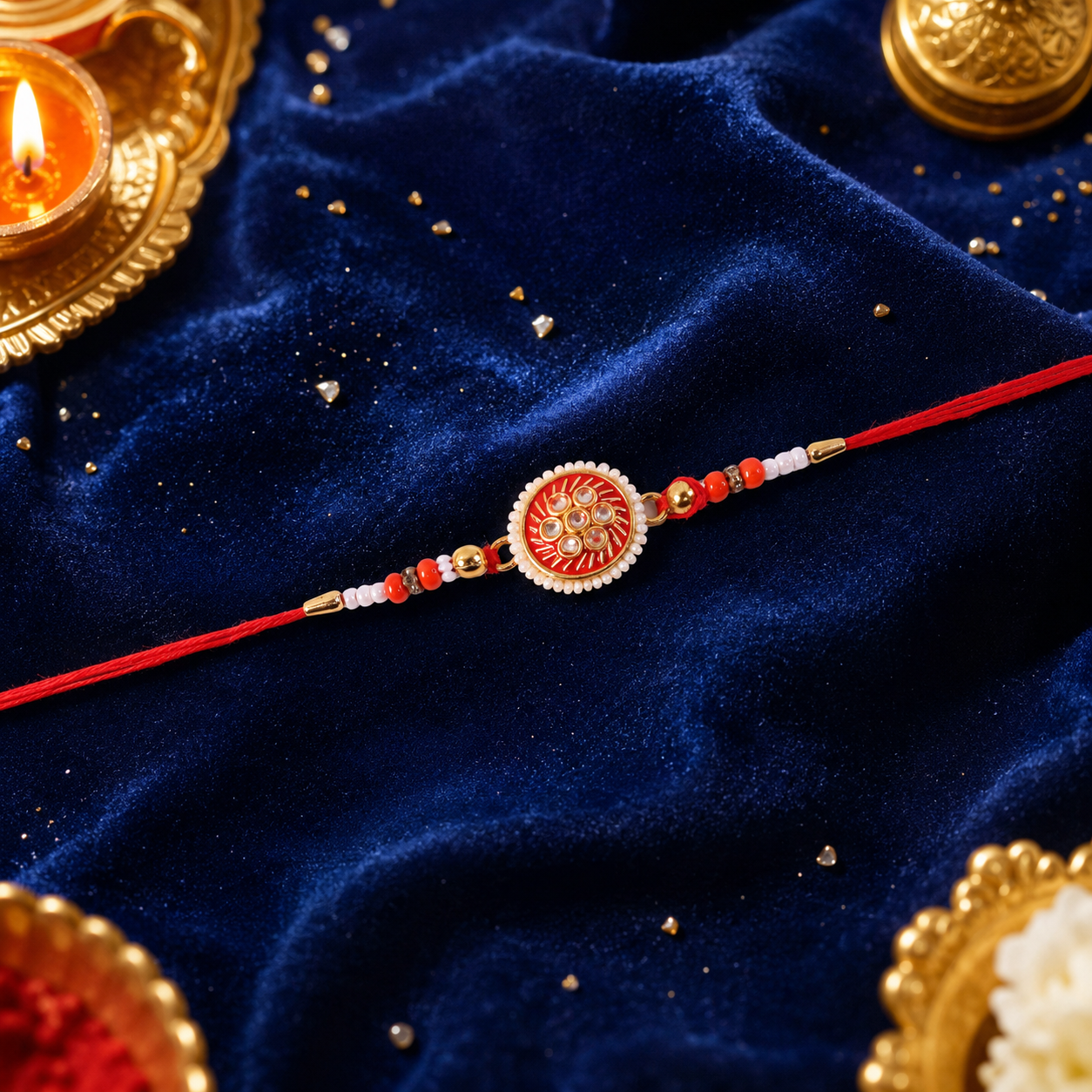 Top view of Golden Meena Kundan Pearl Rakhi