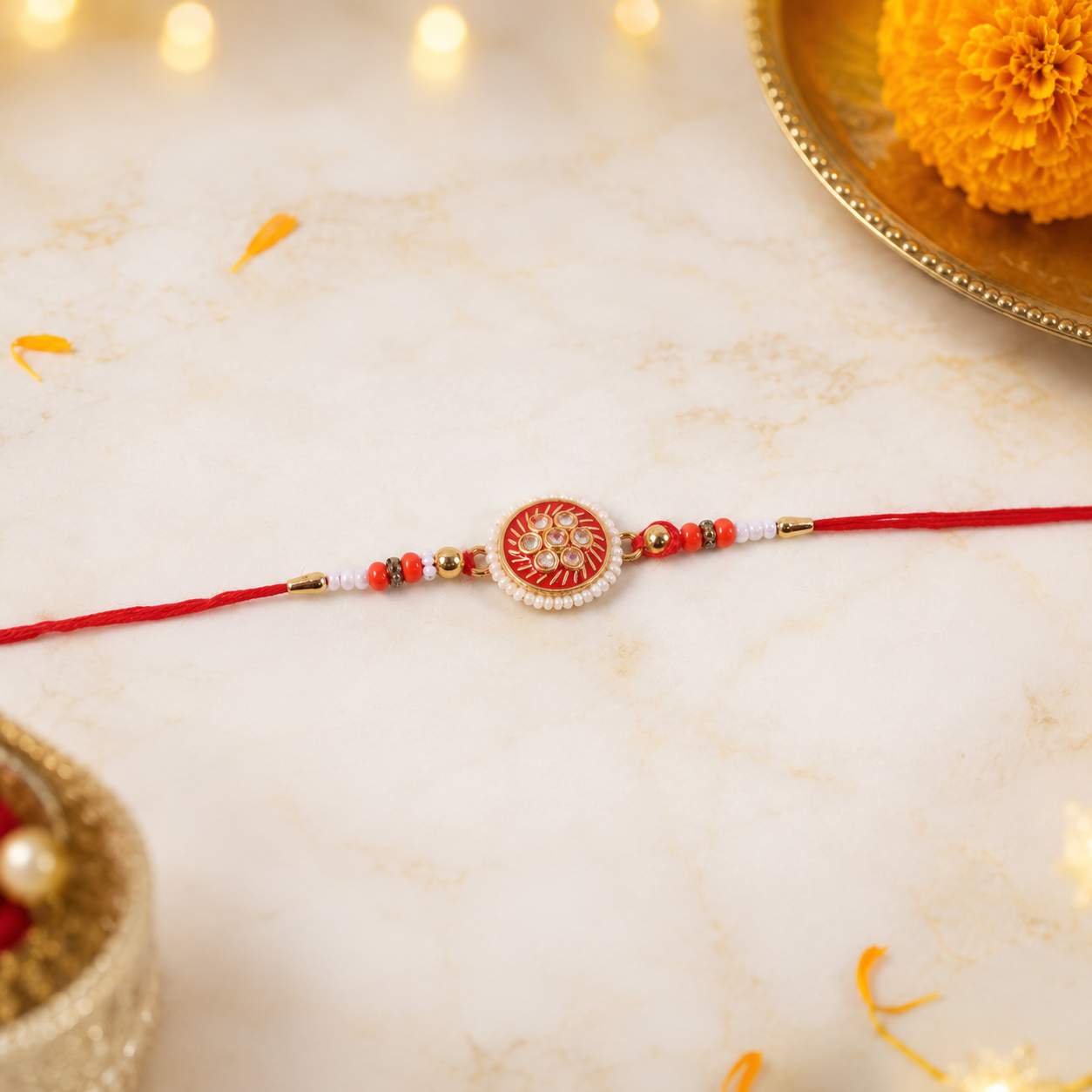 Side view of Golden Meena Kundan Pearl Rakhi