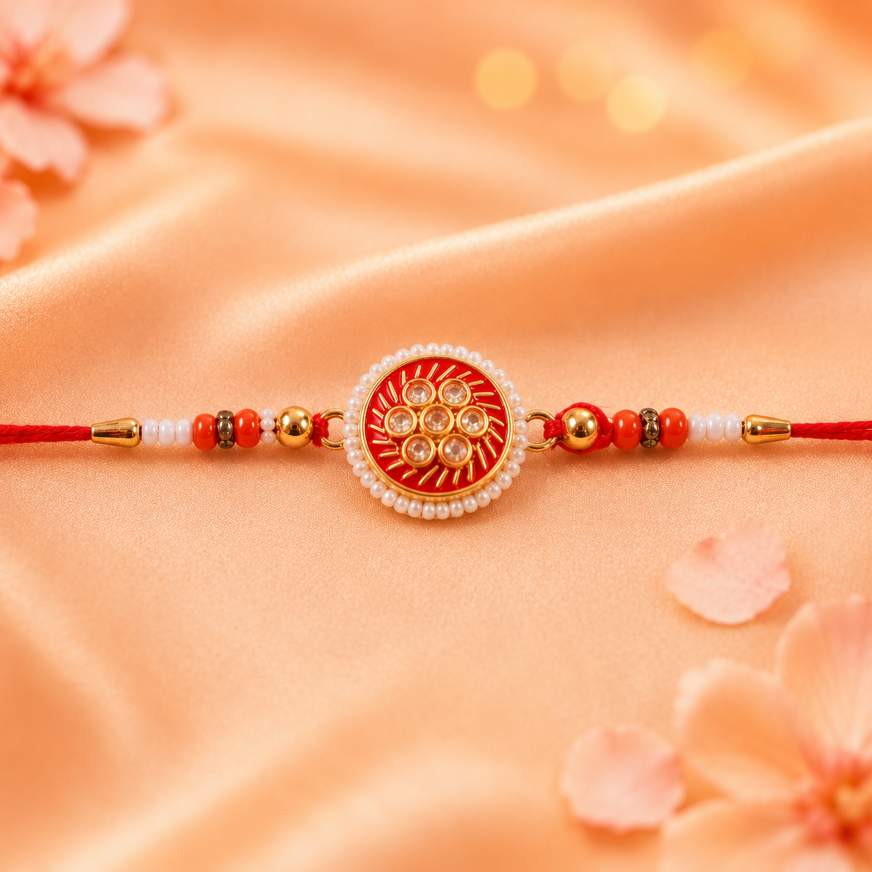 Close-up of pearl charm on Golden Meena Kundan Rakhi