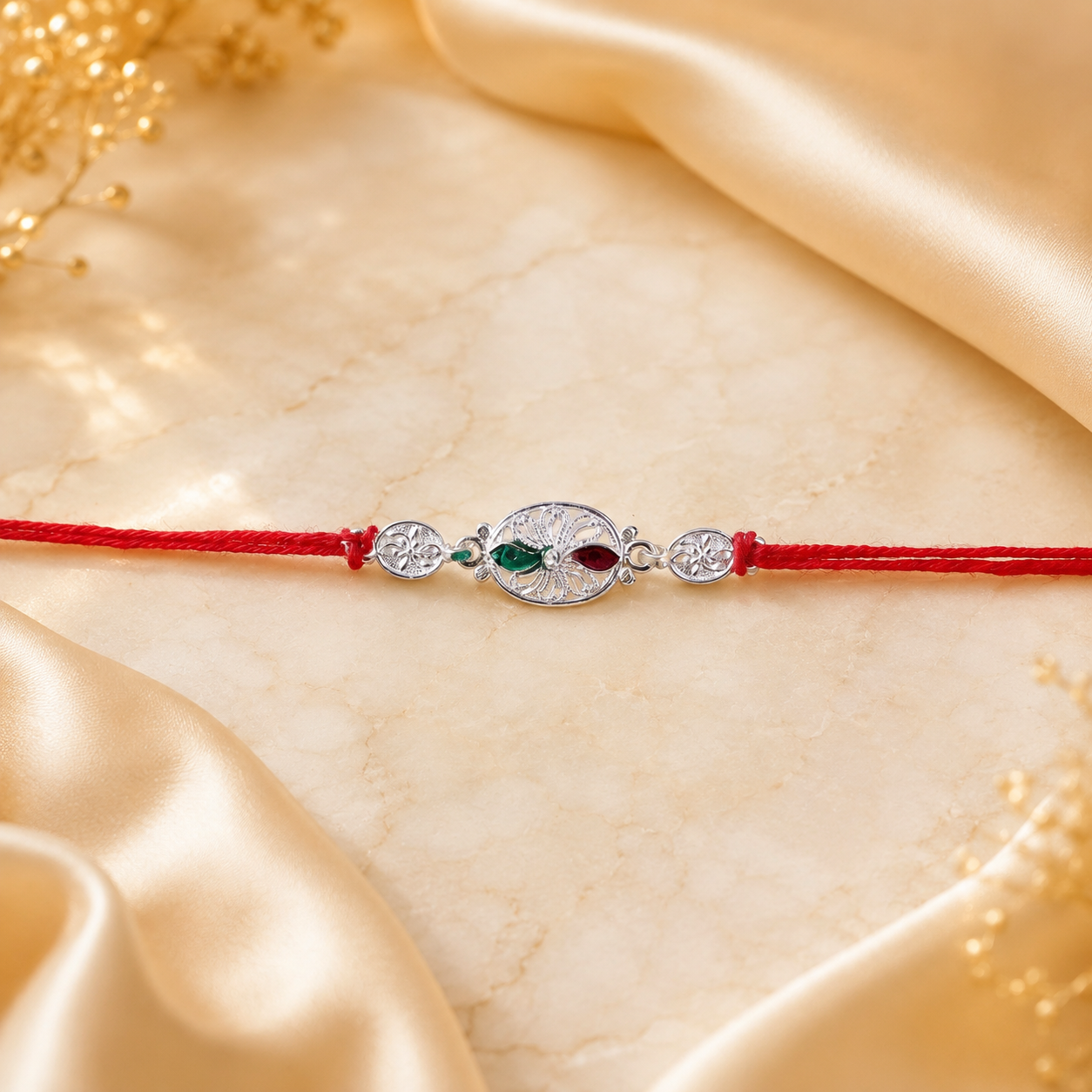 Silver Oval Floral Stone Rakhi with dori laid flat
