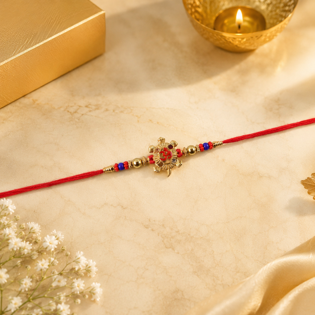 Golden Tortoise Om Meena charm rakhi with beads angled view