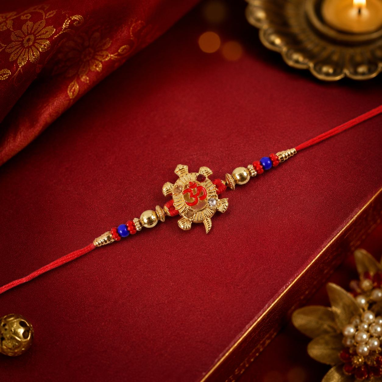 Top view of Golden Tortoise Om Meena beaded rakhi