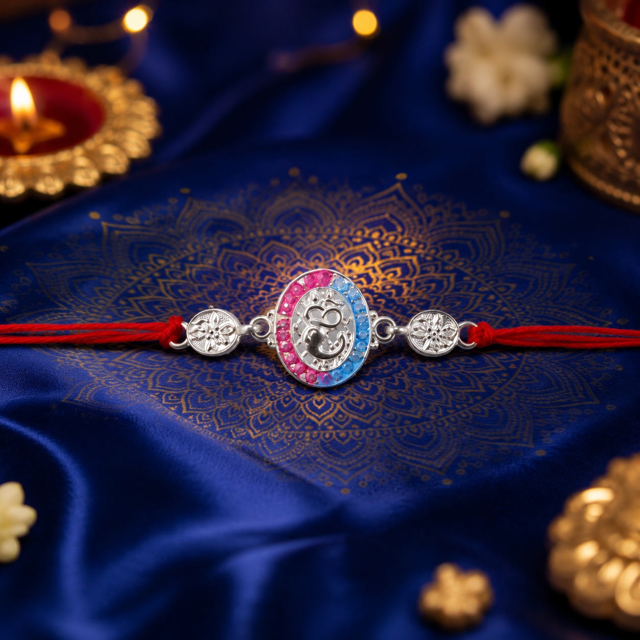 Silver round stone rakhi displayed on white background