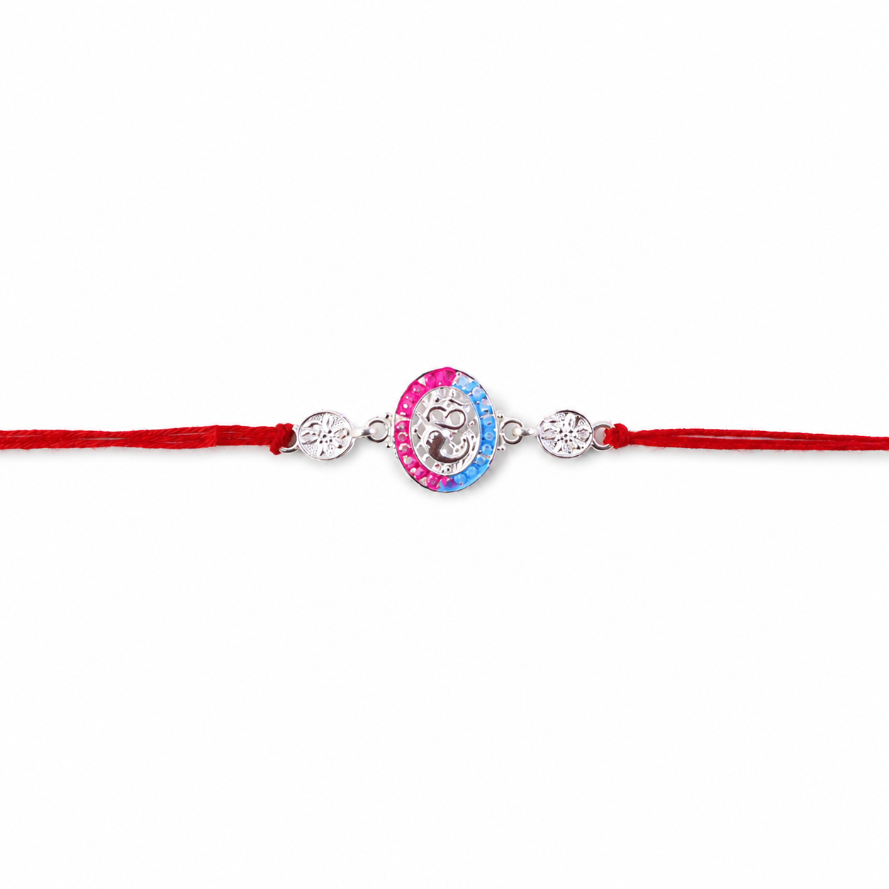 Front view of silver stone designer rakhi with dori