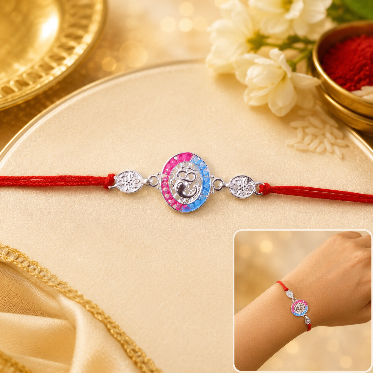 Silver round stone rakhi with dori for brother