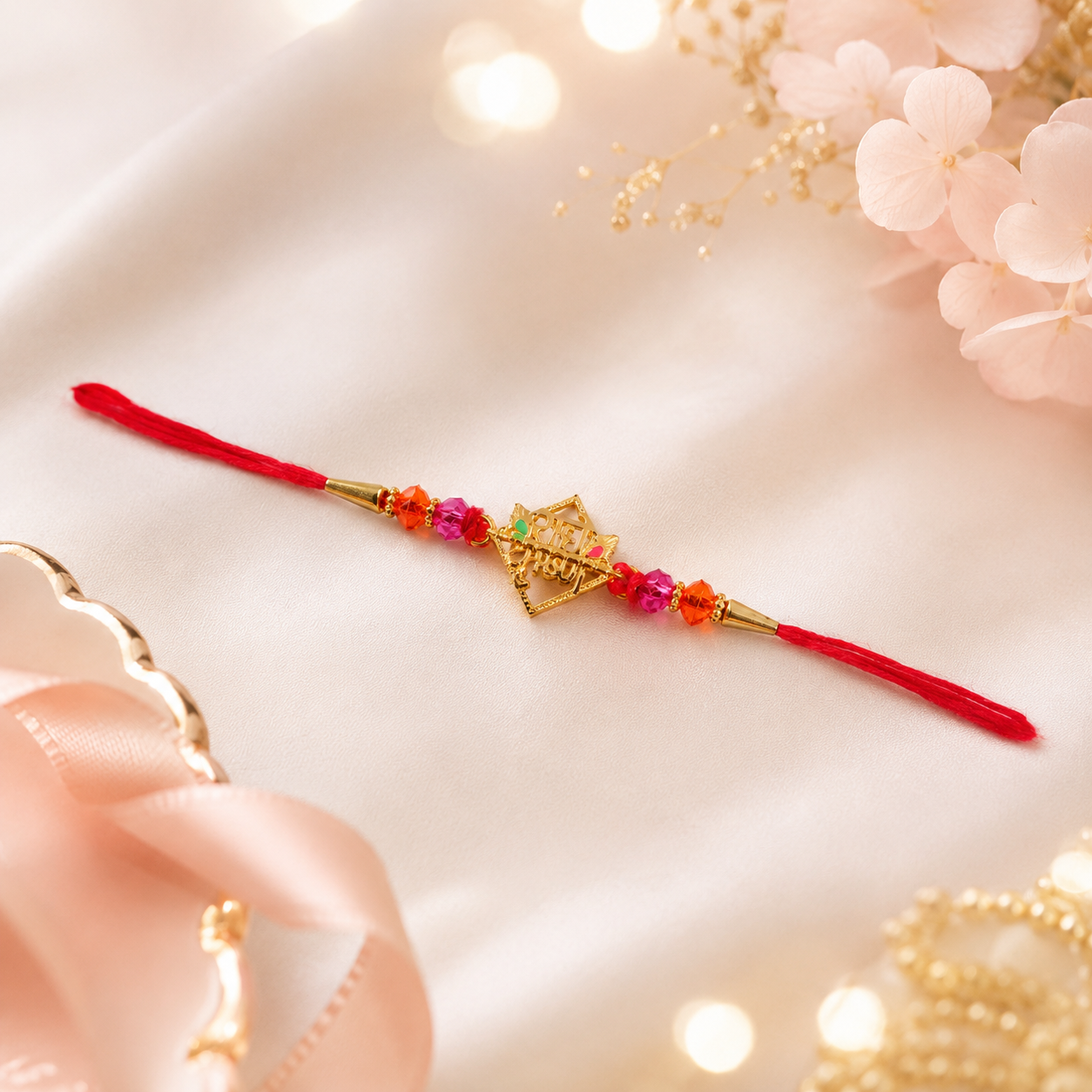 Front view of golden Radha Krishna rakhi with crystal bead decoration